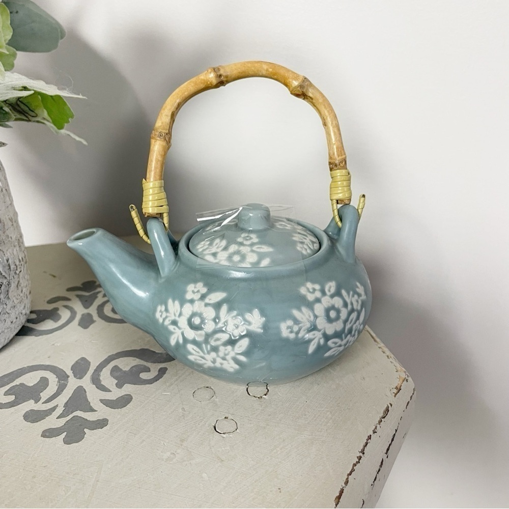 Vintage Ceramic Light Blue & White Floral Design Bamboo Handle Mini Teapot